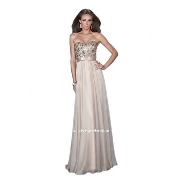 La Femme $480 NWT 19282 Apricot Beaded Chiffon Strapless Formal Gown Sz 14 - Picture 8 of 16